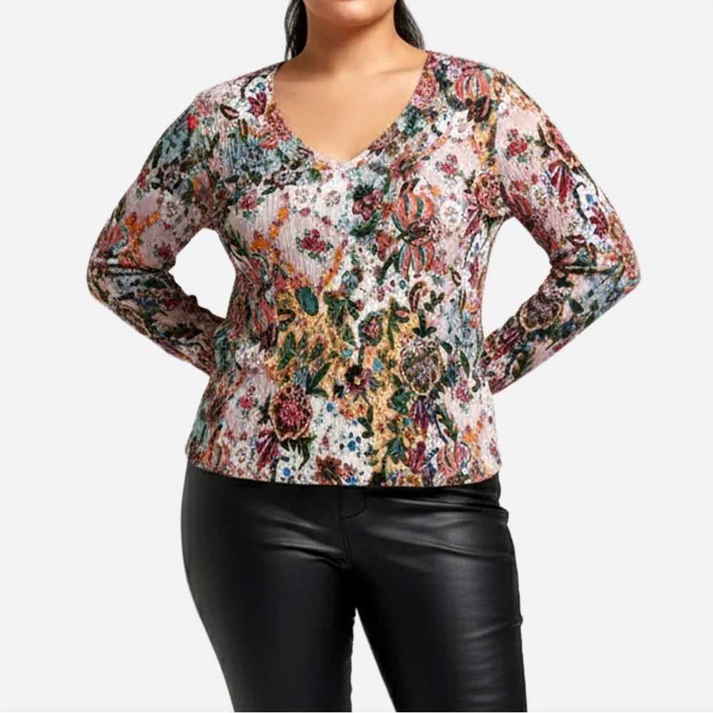 Alberto Makali Floral Sequin Crinkle Blouse Artistic Boho‎ V-Neck Top Plus 1X